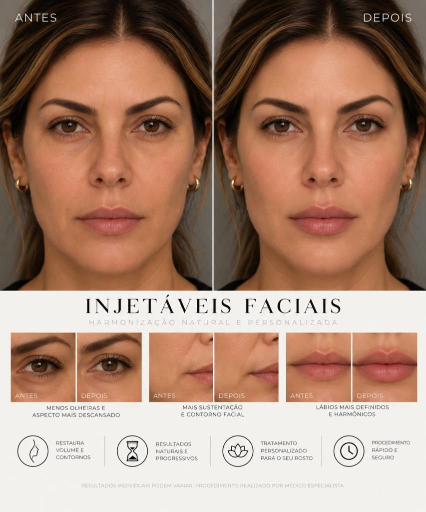 Antes e depois de tratamentos injetáveis faciais